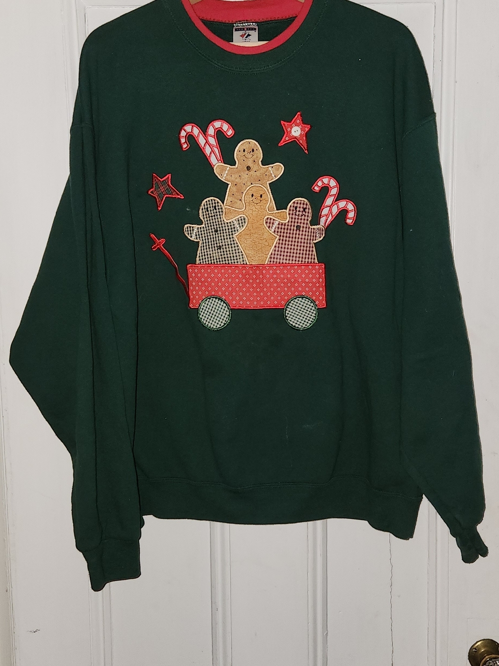 Jerzees Gingerbread‎ Men Christmas Sweatshirt Green Red XL Holiday Applique Star